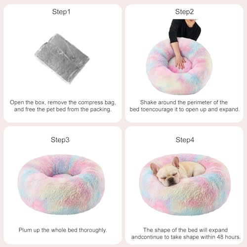 Image of Dog Calming Beds for Medium Large Dogs Round Donut Washable Anxiety Dog Bed | Anti-Slip Faux Fur Fluffy Donut Cuddle Anxiety Large Dog Bed Up to 65 Lbs(32 inch Colorful)