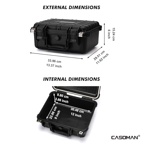 CASOMAN Water-Proof and Dust-Proof Protective Sturdy Plastic Storage Case with Cush-Proof Sponge and Customizable Foam, IP67 Water Proof Grade, 13.4 X 11.6 X 6