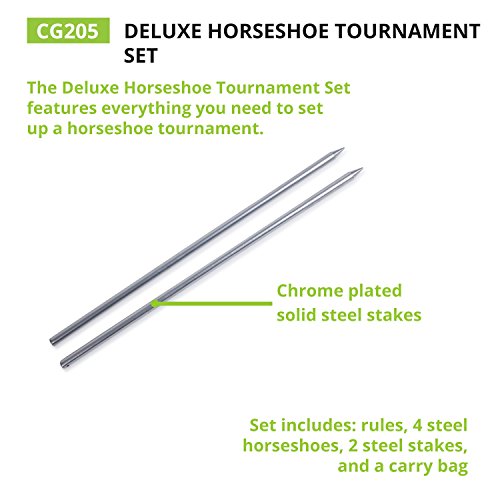 Champion Sports Tournament Horseshoe Set: Classic Outdoor Lawn Game includes Two Chrome & Two Brass Plated Professional Horseshoes with Solid Steel Stakes & Carrying Case - Image 2