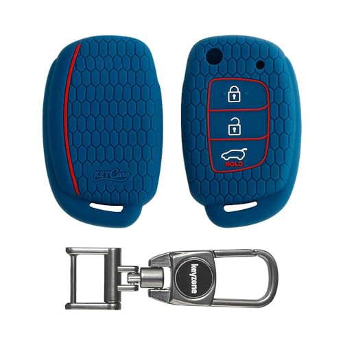 Image of Keyzone Silicone Key Cover for Hyundai Creta, Venue, Tucson, Alcazar, i20, Xcent, Aura, Elite i20, Active i20, Grand i10 flip Keys (Blue with MAH Key Holder)