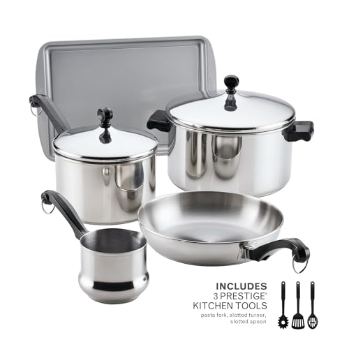 Image of Farberware Classic Series Stainless Steel Pots and Pans with Baking Sheet Pan, Cooking Tools, and Lids, Induction Ready, Dishwasher Safe, 10 Piece Cookware Set, Metal Utensil Safe - Stainless Steel