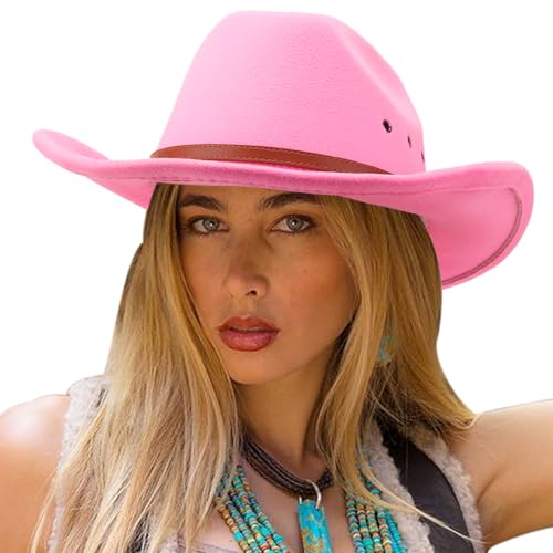 Image of DRESHOW Cowboy Hat for Women and Men Western Felt Cowboy Cowgirl Hat Wide Brim Belt Buckle Retro Fedora Hats Unisex Caps