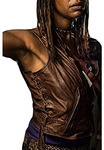 SpazeUp Womens Brown Biker Leather Vest - Brown Leather Motorcycle Vest for Women - Walking Cosplay Costume4