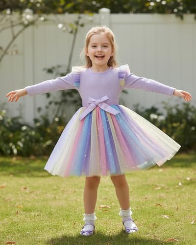 JiAmy Rainbow Dresses for Girls Ruffle Long Sleeves Dress Kids Sequins Ribbed Knit Tulle Skirt with Belt Party Birthday Dress for 1-2T, Purple - Image 4