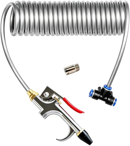 uvbws Air Blow Gun Kit with 11.5 FT Nylon Coil Air Hose, Heavy Duty Truck Air Seat Blow Gun Air Duster with 2 Nozzles, 1/4 Inch NPT for Air Compressor