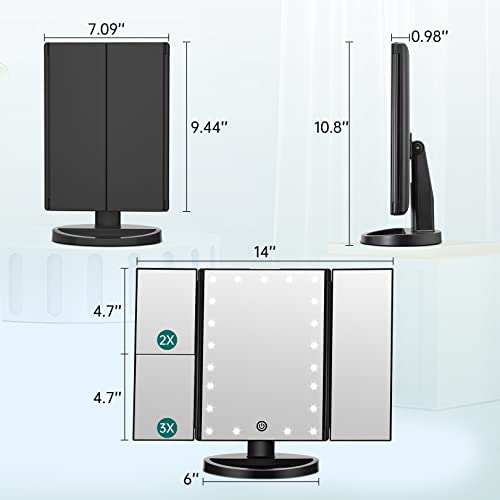 Fascinate Lighted Makeup Mirror, Feature 21 Bright Led Lights, Dimmable Brightness, One Touch Power Switch, Multiple Magnifying Option (3X/2X/1X) Trifold Led Vanity Mirror, 180 Degrees Rotaion (Black) #TOP5
