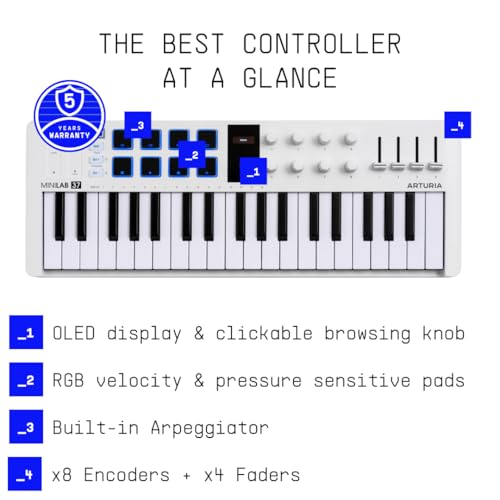 Image of Arturia MiniLab 37 MIDI Keyboard Controller - 37 Slim Keys, 8 Pads, DAW Integration, Arpeggiator, Chord Mode, Portable Design, Music Production Software Included, White