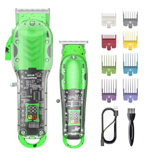 Hair Trimmer Kit for Men,Professional Barber Set for Hair Beard Trimmer,Quiet and Long-Lasting Charging,Transparent Rechargeable Bald Fade Clippers with LED Display (Green)