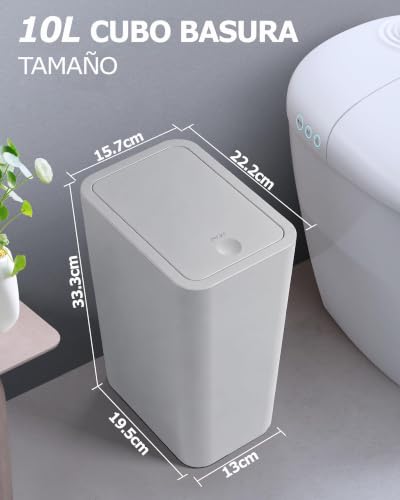 Miniatura 2 de Mimocasa Cubo De Basura Con Tapa A Presión: Cubo Basura De Plástico De 10 L, Para Cocina, Baño, Sala De Estar, Oficina, Lugar Estrecho Gris