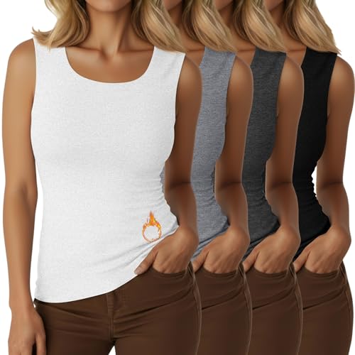 Velvelhall 4 Pcs Women's Thermal Tank Tops Fleece Lined Raw Hem Sleeveless Underwear Scoop Neck Warm Camisole Base Layer Vest(Black, Light Gray, Dark Gray, White,Small)
