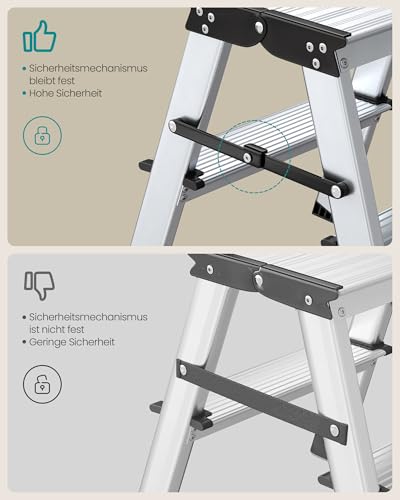 SONGMICS Leiter, Trittleiter, Aluleiter mit 3 rutschfesten Stufen, klappbar, Stehleiter, Mehrzweckleiter, bis 150 kg belastbar, Silbergrau-tintenschwarz GLT23K