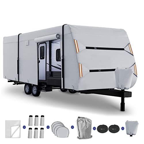 Ovcrnibi Travel Trailer Cover Fit For 18'1''-20' Waterproof Camper Cover Anti-Uv Rv Cover 8 Layers Durable Motorhome Cover With Tongue Jack Cover & 2 Long Reinforced Windproof Side-Straps, Gray #TOP4