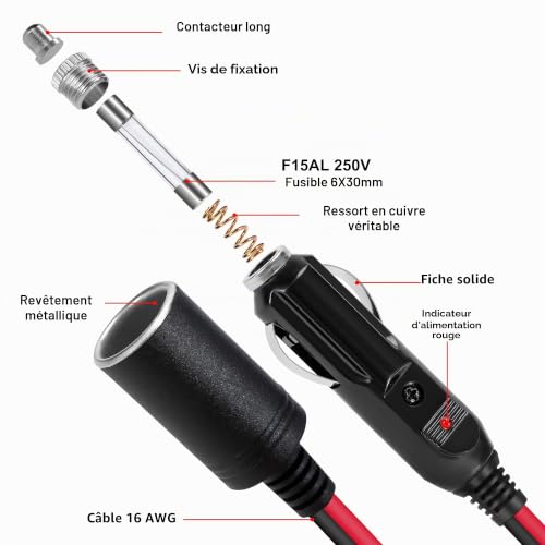 GUNGY 5M Rallonge Allume Cigare 12 V/24 V Prise Allume Cigare 16 AWG Câble d'extension Adaptateur avec Fusible 15A pour Camion Bateau Réfrigérateur Voiture – vue 4