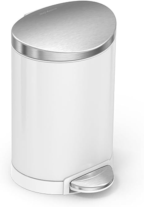 Simplehuman CW1835 Trash Can, 1.3 gal 6 L, Semi Round, Step Can, Soft Close, Silent, Lid Included, Pedal, Stainless Steel, White