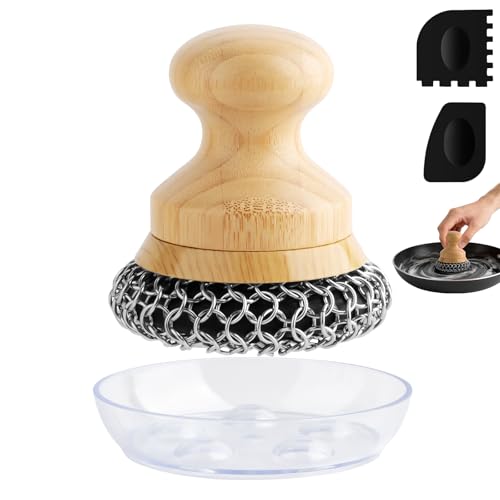 Beeptrum Limpiador y raspador de hierro fundido, limpiador de correo de cadena con mango de bambú y bandeja de drenaje, cepillo de acero inoxidable para limpiar ollas, sartenes, wok, utensilios para