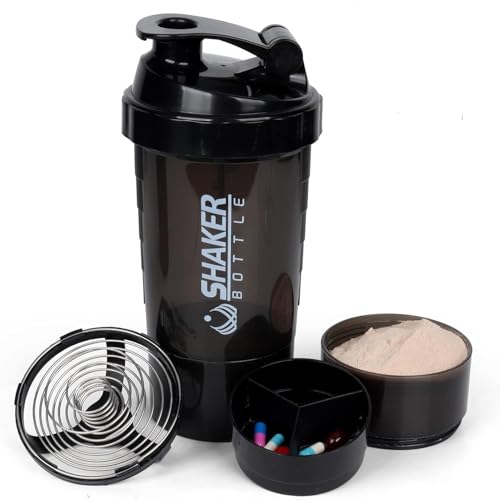 Shaker Bottle Protein Shaker Bottles with Mix Ball Portable Sports Water Bottle Leak Proof GYM Cup for Protein Mixes with Powder Storage & Pill Organizer Idea for Pre Workout BPA Free(Black)