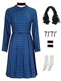 Womens Orphan Cosplay Costume Esther Blue Plaid Dress Suit First Kill Halloween Outfit Dress with Accessories (Blue with Wig, X-Small)