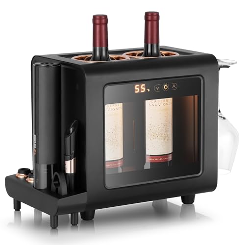 CaLefort Electric Wine Chiller - 46-64F Wine Cooler for 2 Standard Bottles (3.6 Dia.) All-in-1 Set Electric Opener & 2 Glasses Perfect for Red White Champagne at Home/Office Gift for Men Women