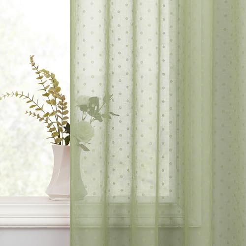 Pitalk Sage Green Sheer Curtains 84 Inches Long Spring Polka Dots Pattern Window Drape Grommet Pale Light Green Neutral Country Curtain for Kids Bedroom Airy Farmhouse Retro Living Room Decor 2 Panels