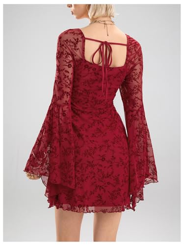 Image of WDIRARA Women's Floral Jacquard Gothic Bell Long Sleeve Dress | Mesh , A Line, Vintage