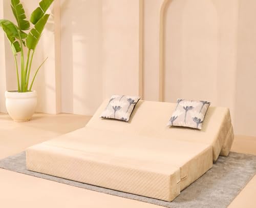 Image of uberlyfe Xtra High, Xtra Soft 3 Seater (5' x 6') Sofa Cum Bed | 1 Year Warranty | 17 inch Sofa Height |Queen Size Foldable Bed | Plush Laser Quilted Fabric |2 Cushions Bloom Pattern |Champagne Beige Color