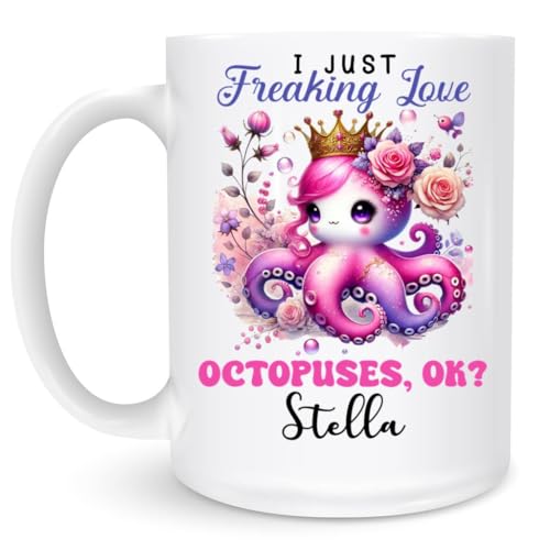 Personalized Name I Just Freaking Love Octopuses Mug For Sea Animal Fans Women Men, Custom Octopus Coffee Cup With Crown Floral Art 11oz 15oz, Cute Marine Creature Themed Ocean Drinkware -  Velliro, Mugsell-25-FD1104DD3462-9