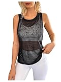 OYOANGLE Women's Sheer Sleeveless Crew Neck Sports Tank Top Sleeveless Athletic Workout Shirts Black Sheer Large