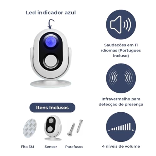 Sensor Detector De Presença e Movimento Campainha Com Anunciador Sonoro Sensor Infravermelho Premium