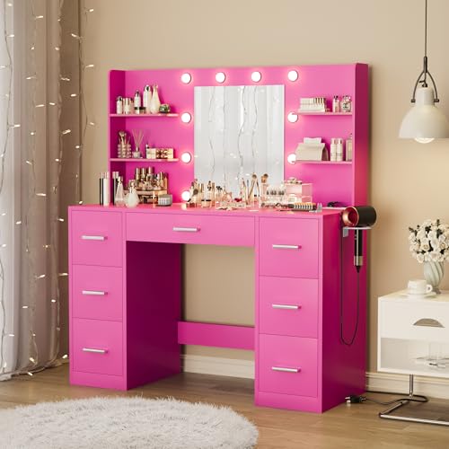 Image of Furmax Vanity Desk with Mirror, LED Lights and Power Outlet Makeup Vanity Table with 7 Drawers and 6 Storage Shelves Dressing Table for Bedroom Dressing Room (Rose Pink)