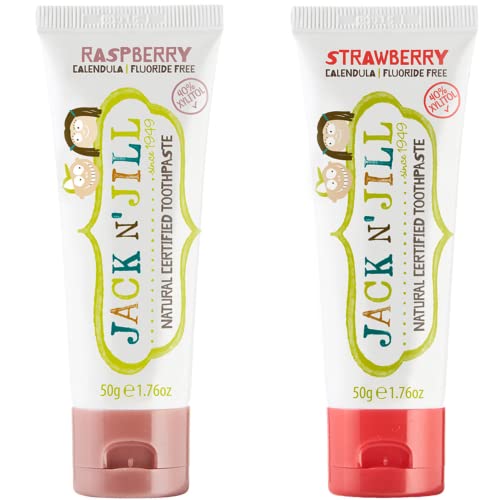 Image of Jack N' Jill Kids Natural Toothpaste - Kids Toothpaste Fluoride Free, Organic Flavors, BPA Free SLS Free, Makes Tooth Brushing Fun for Kids - Strawberry & Raspberry, 1.76 oz (Pack of 2)
