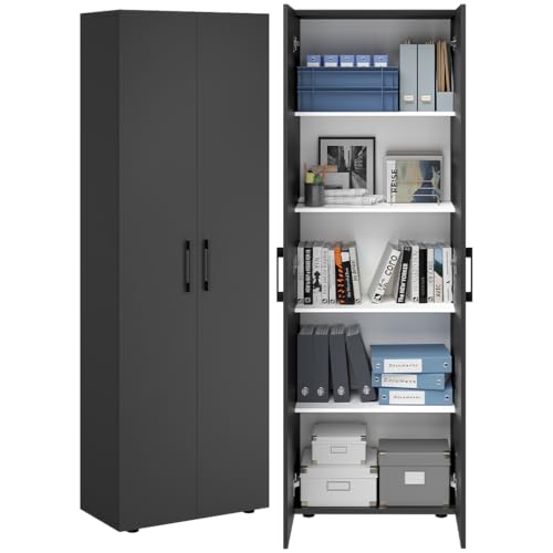 Bellamio Apol Aktenschrank Anthrazit – Mehrzweckschrank 60 cm breit – Hochschrank aus Holz – Aufbewahrungsschrank mit Doppeltüren & 5 Fächern – Büroschrank, Flurschrank, Allzweckschrank, Schuhschrank