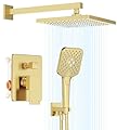 Gabrylly Shower System Gold, Wall Mounted Shower Faucet Set for Bathroom with High Pressure 10" Rain Shower head and 3-Setting Handheld Shower Head Set, 2 Way Shower Valve Kit, Brushed Gold