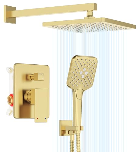 Image of Gabrylly Shower System Gold, Wall Mounted Shower Faucet Set for Bathroom with High Pressure 10 inch Rain Shower head and 3-Setting Handheld Shower Head Set, 2 Way Shower Valve Kit, Brushed Gold