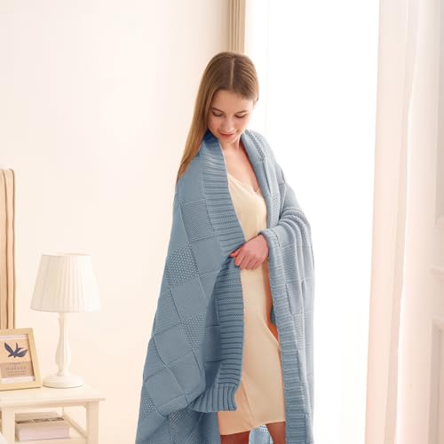 CozeCube Dusty Blue Knitted Checkered Throw Blanket 60"X80" by CozeCube - Used condition - Image 2