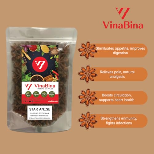 Star Anise Whole: VinaBina Brand - Original, Fresh and Best Vietnam Organic Star Anise pods Premium quality all Natural fully dried and aromatic. 100% Raw Whole Vietnamese Pods, Direct from Source, Packed in Resealable Zip Lock Pouch - 1 Pound pack