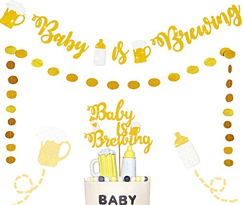 JeVenis Set of 3 Baby Is Brewing Banner Baby Is Brewing Cake Topper Baby Is Brewing Decoration Baby Brewing Banner Beer And Babies Shower Decoration Baby Gender Reveal Decoration