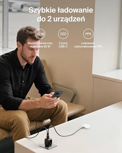 Belkin 2-portowa Ładowarka USB-C 50 W, Ładowarka GaN z 2 Portami USB-C, Szybkie Ładowanie Urządzeń MacBook, iPhone 17, iPad Pro, Chromebook, Galaxy S25 Ultra, Pixel 10 – Akcesoria Podróżne – Czarna