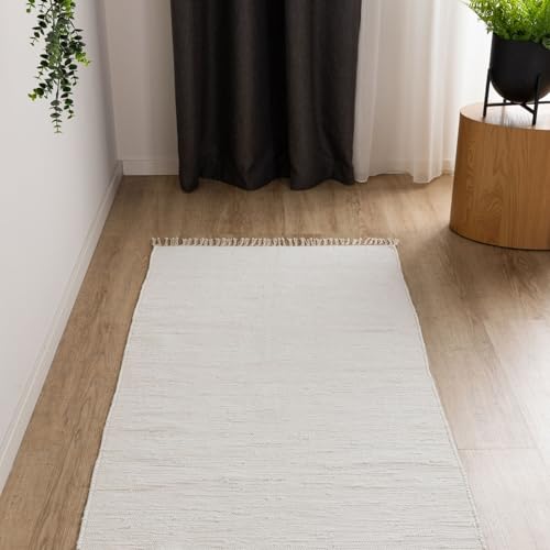 Interiyou Toledo - Alfombra de algodón, 80 x 250 cm, color blanco, tejida a mano con flecos, para salón, dormitorio, habitación infantil, comedor, cocina o pasillo