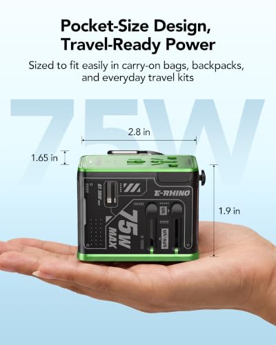 Image of MFish 75W Universal Travel Adapter, 5-Port International Power Adapter with Retractable USB-C Cable, 3 USB-C & 1 USB-A + AC Outlet, Worldwide Wall Charger for MacBook, iPhone, iPad, EU /UK /US /AUS Black