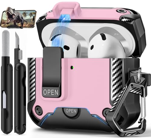 Image of for AirPods 4 Case with Lock & Phone Stand(Pink) | Automatic Snap Switch Lock,Carbon Fiber Texture Design Cover with Cleaner Kit