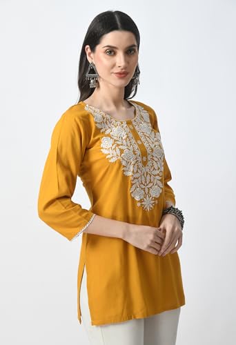 Image of LIBOZA Kurti for Women - Short Chikankari Kurtis for Girls, Lakhnawi Tunic Top Kurta Design for Ladies, Woman Ethnic Kurthis & Shirt with Sleeve