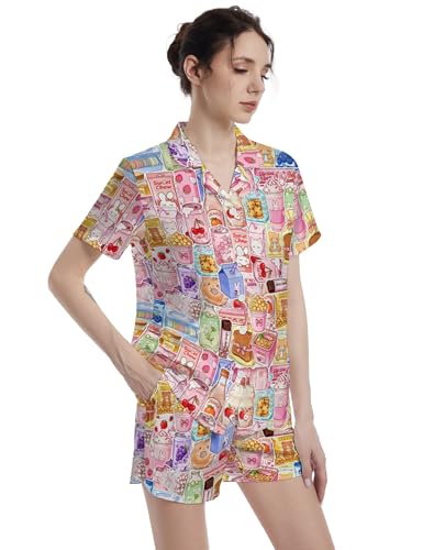 Image of Funny Satin Pajamas Set for Women Button Down Sleepwear Print Pjs Set 2 Piece Short Sleeve Loungewear Gift for Women