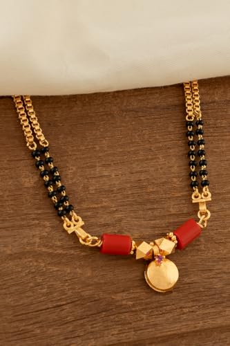 Image of Radha's Creations Traditional Mangalsutra with Black Beads and 2 Red beads 30 inch Length One Gram Gold Plated For Women and Girls