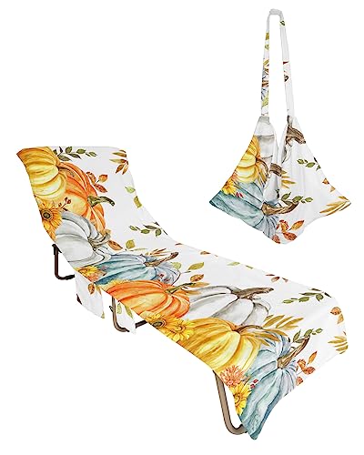 Eucalyptus Pumpkin, Beach Lounge Chair Towel Cover, Soft Chaise Lounge Towel with Side Pockets Patio Pool Chairs Cover for Beach/Pool Sunbathing 29x85 Thanksgiving Seasonal Fall Maple Leaf