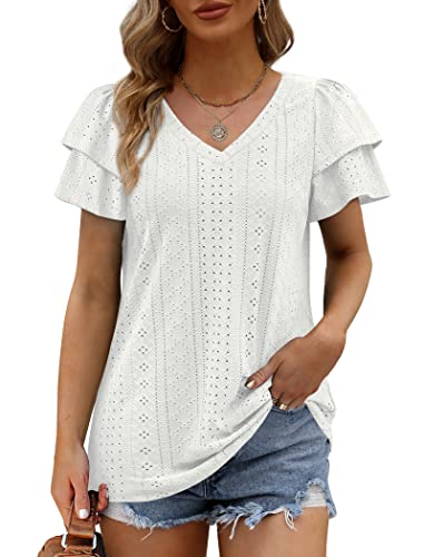 White Shirts For Women V Neck Flowy Summer Tops And Blouses Eyelet 2Xl #TOP1