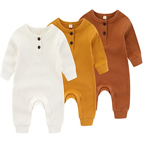 Image of IADOER Newborn Baby Boys Girls One Piece Romper With Mitten Cuffs 3 Pack Long Sleeve Ribbed Button Jumpsuit Outfit Clothes