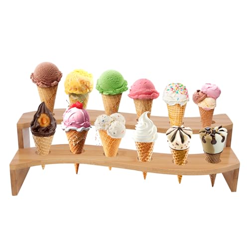 YeeBeny Wooden Ice Cream Cone Holder Stand, Ice Cream Cone Holder Stand with 12 Holes, Ice Cream Cone Display for Deli Cone, Waffle Cone (Aperture 0.98 Inches)