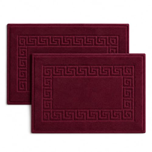 Lyvero 100% Recycle Cotton Bath Mat Wine Red Key Pattern Bath Rug [Not a Bathroom Rug], Soft Absorbent 330 GSM Shower Floor Towel Set, Hotel Spa Quality, Machine Washable (2 Pack)