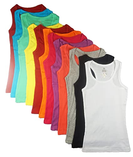 Studio 3 12 Pieces Pack Women's Ribbed 100% Cotton Tank Tops