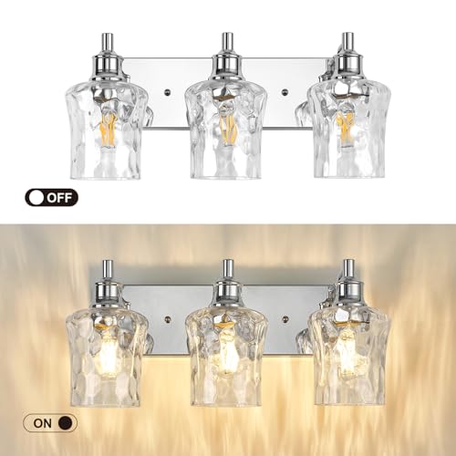 Image of Farmhouse Chrome Vanity Light, 3 Light | Bathroom Lighting Fixtures, Over Mirror, Hammered Glass Lampshade, For Cabinet Mirror Bedroom Hallway
